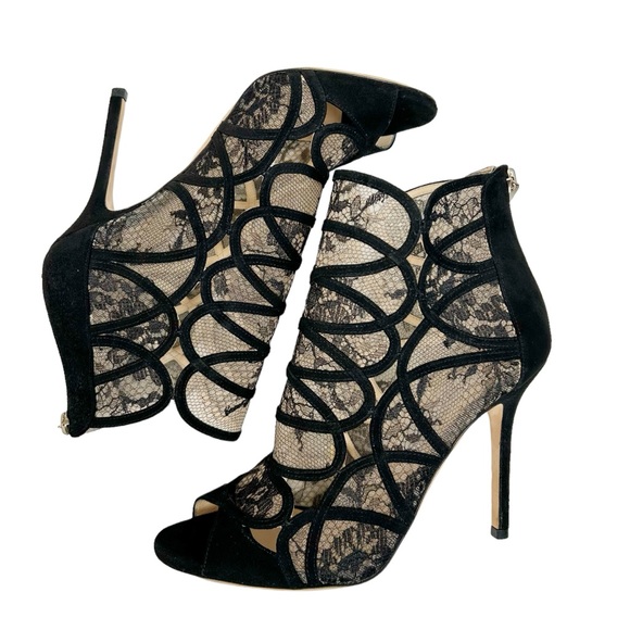JIMMY CHOO Fauna Lace Suede Cage Heeled Sandal in Black - Picture 6 of 12